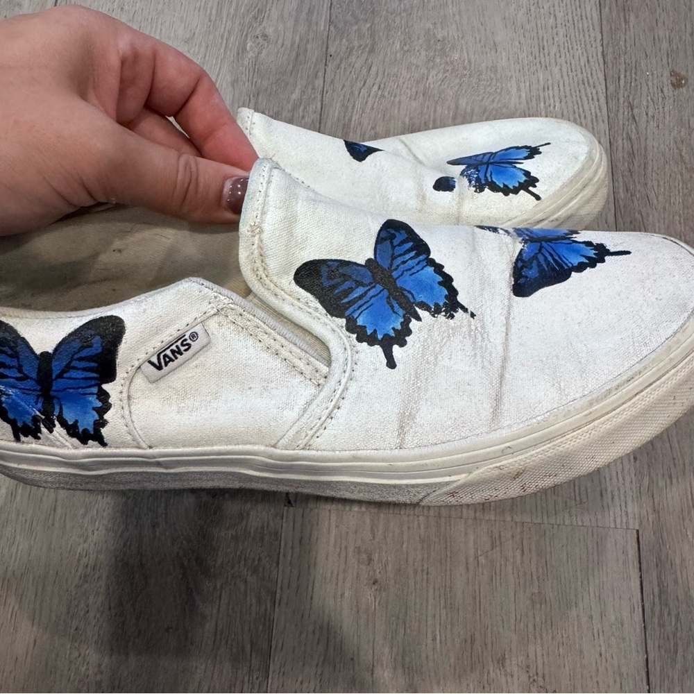 Blue Butterfly White Slip On Vans - Custom Painted Vans Shoes Youth Size 5 - Picture 8 of 9